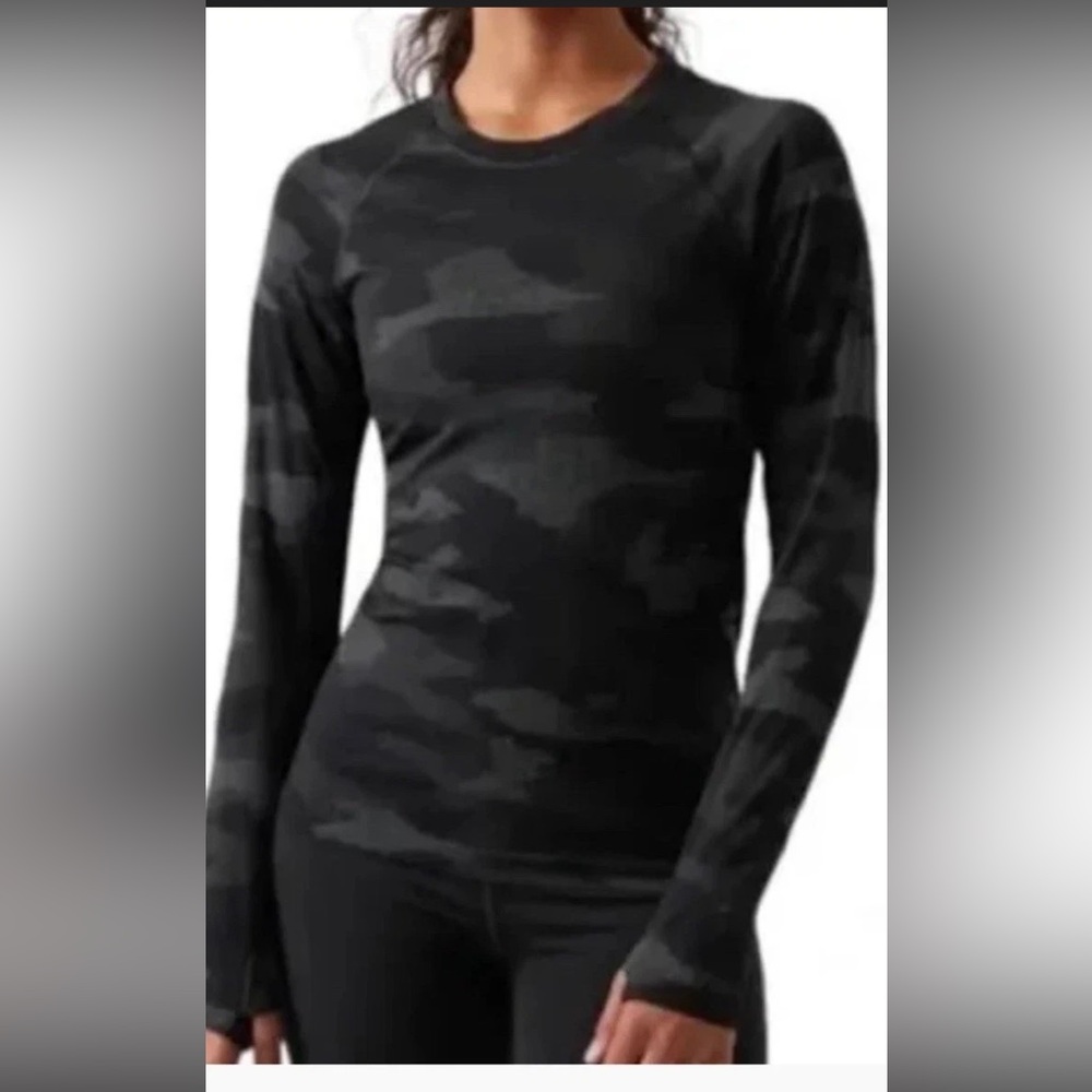 Athleta Momentum seamless BLACK gray Camo long sleeve L top black crew EUC